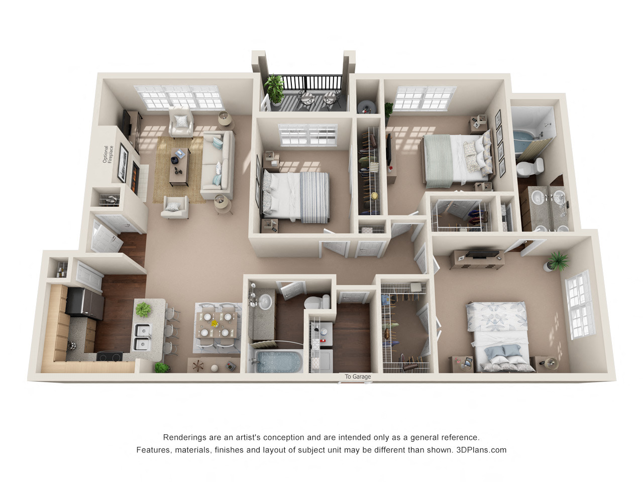 Floor plan for 3 beds, 2 baths, 1435 sqft